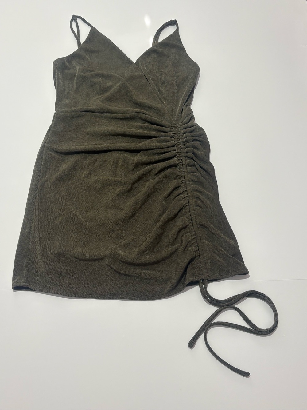 DROP Olive Wrap-Front Mini Dress with Side Ruched Tie